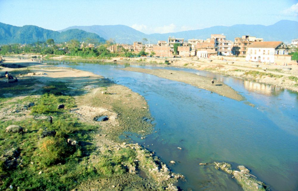 Řeka Bišnumati v Káthmándú s prasaty a krávami