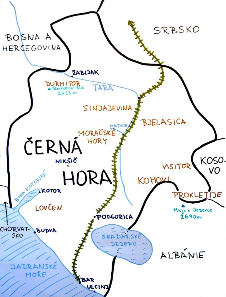Plánek cesty - spíše mapa Černé Hory