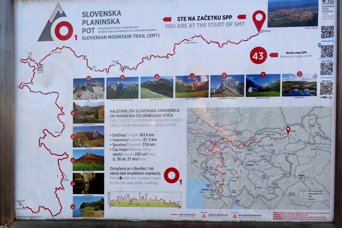 Informační deska o dálkové pěší cestě Slovinskými horami, číslo 1. (okraj Mariboru), my vyrazili právě po ní
