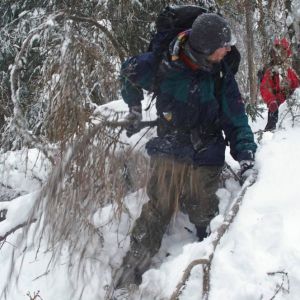 Prodíraní polomem - stále pozůstatek ničivé vichřice v listopadu 2004