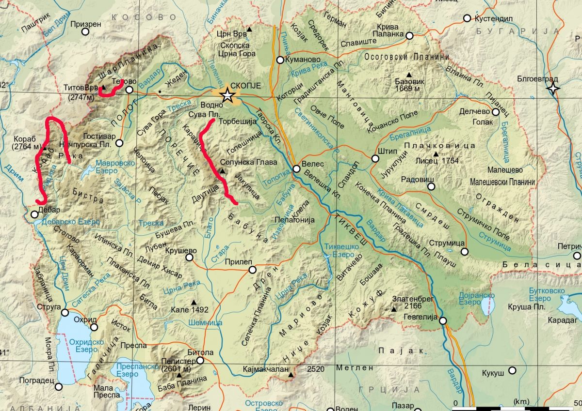 Mapa Makedonie. Červená je naše pěší cesty přes hory. Zdroj mapy: Wikipedie, svobodná licence