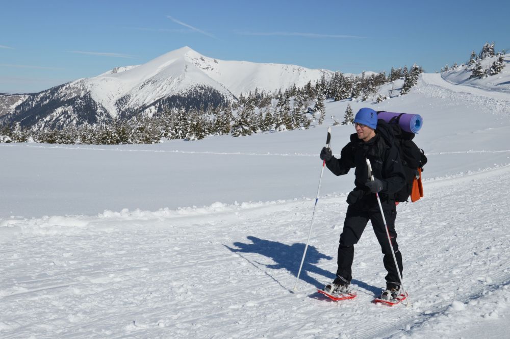 Radek nedaleko Otto Hütte, v dáli Schneeberg