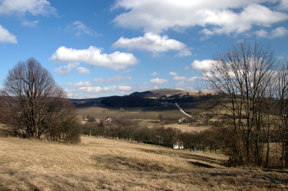 Nad vsí Chvojnica, vzadu kopec Žalostnina; obrázek jsem dal na Wikipedii pod licencí  licenci Creative Commons, https://commons.wikimedia.org/wiki/File:Chvojnica,jpg.jpg