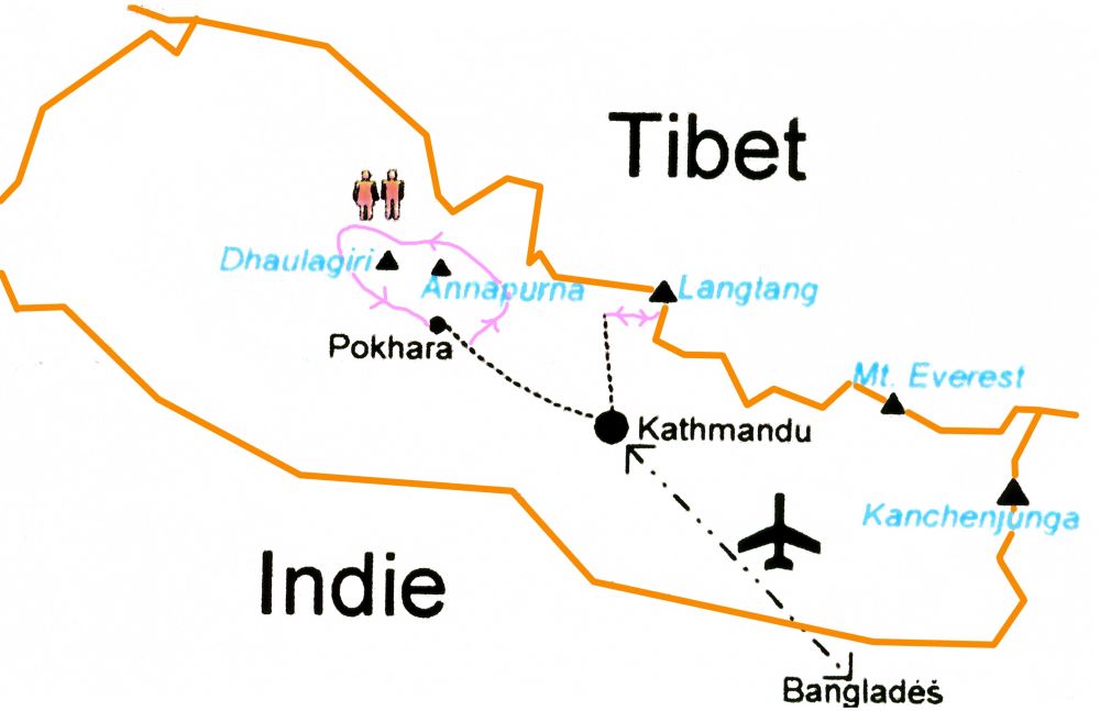Plánek naší cesty. Z Káthmándú nejprve na západ a pěší trek kolem Annapuren a Dhaulágirí, návrat do Káthmándú a návštěva národní parku Langtang