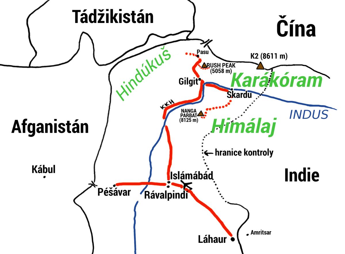 Plánek naší cesty v severním Pákistánu. Červená plná čára: bus, tečková: pěší putování.