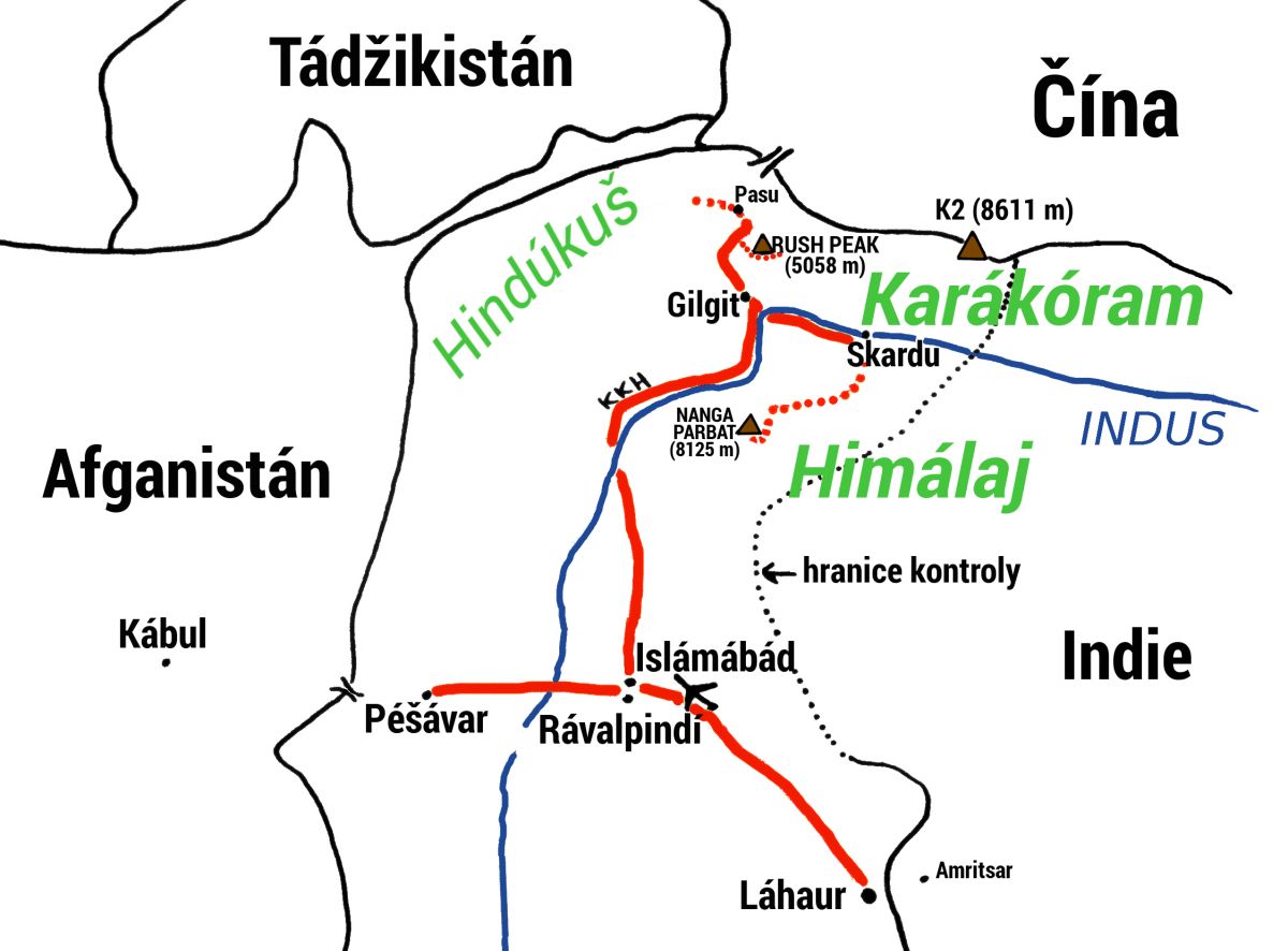 Plánek naší cesty v severním Pákistánu. Červená plná čára: bus, tečková: pěší putování.
