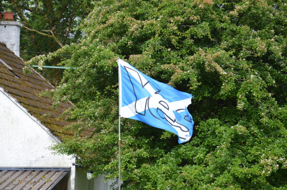 Skotská vlajka a odkaz na loňské referendum (YES= hlasuji pro samostatné Skotsko)