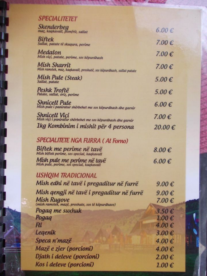 Bogë, turistické letovisko kosovského Prokletije, jídelníček v restauraci