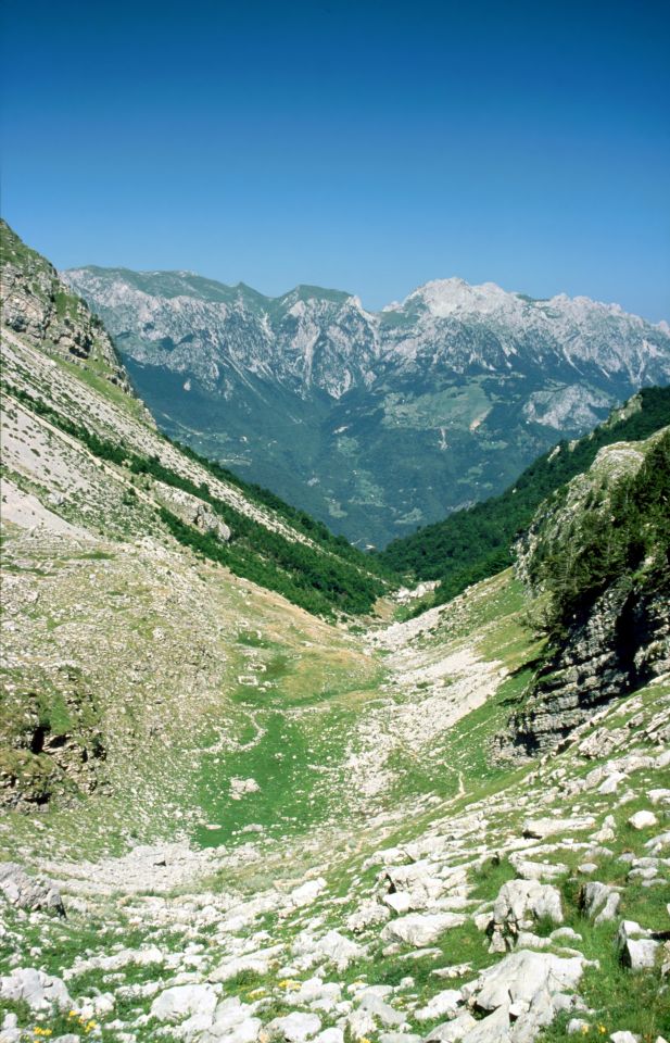 Kapa Morača, údolí pod katuní Javor s pohořím Sinjajevina vzadu