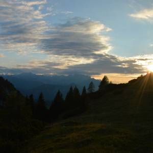 Večer na planině Seča, vzadu Julské Alpy