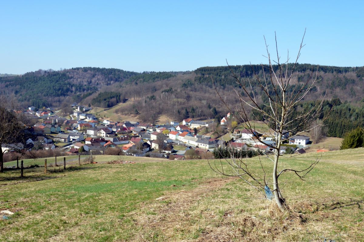 Krajina pohoří Günser Gebirge, lesy, louky, sady (pohled na ves Goberling)